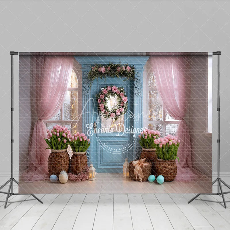 Aperturee - Aperturee Blue Door Pink Tulips Easter Photography Backdrop Rose Wreath and Tulle Curtains Studio Background