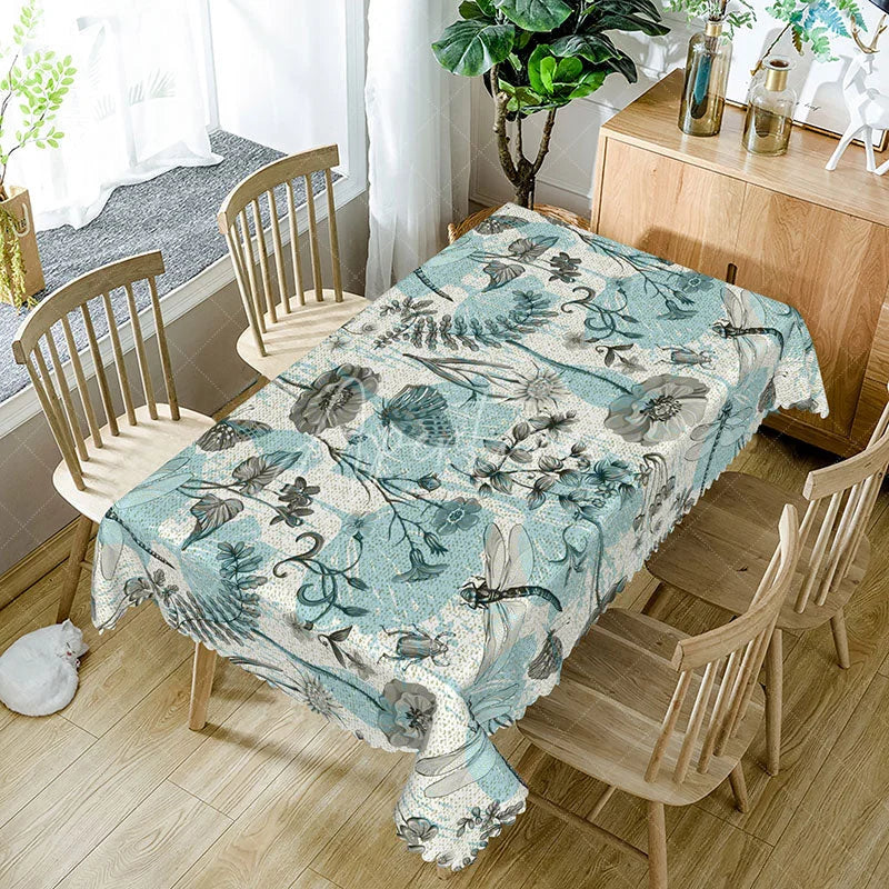 Aperturee - Aperturee Blue Dragonfly Rectangle Tablecloth Botanical Garden Floral and Insects Spring Summer Outdoor Dining Decor