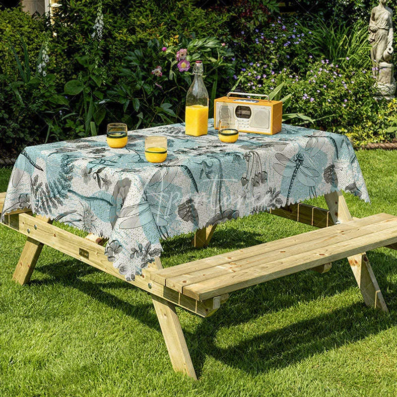 Aperturee - Aperturee Blue Dragonfly Rectangle Tablecloth Botanical Garden Floral and Insects Spring Summer Outdoor Dining Decor