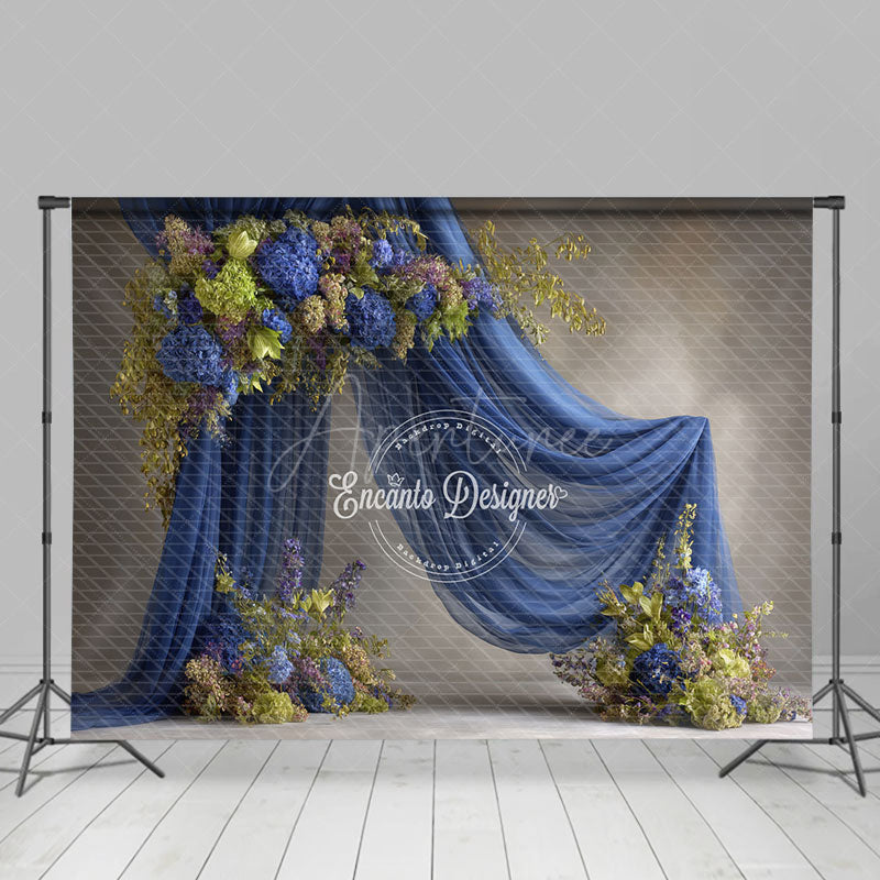 Aperturee - Aperturee Blue Draped Fabric Arch Photography Backdrop Green Hydrangea Floral Decor Elegant Maternity Photo Background