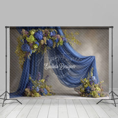 Aperturee - Aperturee Blue Draped Fabric Arch Photography Backdrop Green Hydrangea Floral Decor Elegant Maternity Photo Background