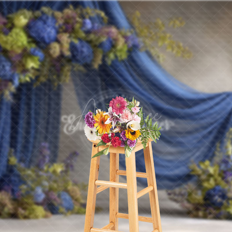 Aperturee - Aperturee Blue Draped Fabric Arch Photography Backdrop Green Hydrangea Floral Decor Elegant Maternity Photo Background