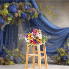 Aperturee - Aperturee Blue Draped Fabric Arch Photography Backdrop Green Hydrangea Floral Decor Elegant Maternity Photo Background