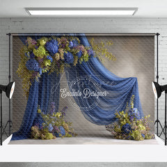 Aperturee - Aperturee Blue Draped Fabric Arch Photography Backdrop Green Hydrangea Floral Decor Elegant Maternity Photo Background