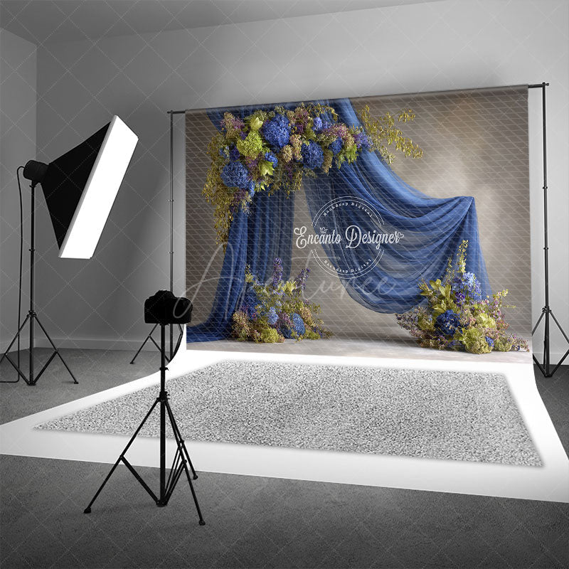 Aperturee - Aperturee Blue Draped Fabric Arch Photography Backdrop Green Hydrangea Floral Decor Elegant Maternity Photo Background