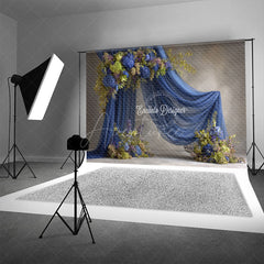 Aperturee - Aperturee Blue Draped Fabric Arch Photography Backdrop Green Hydrangea Floral Decor Elegant Maternity Photo Background
