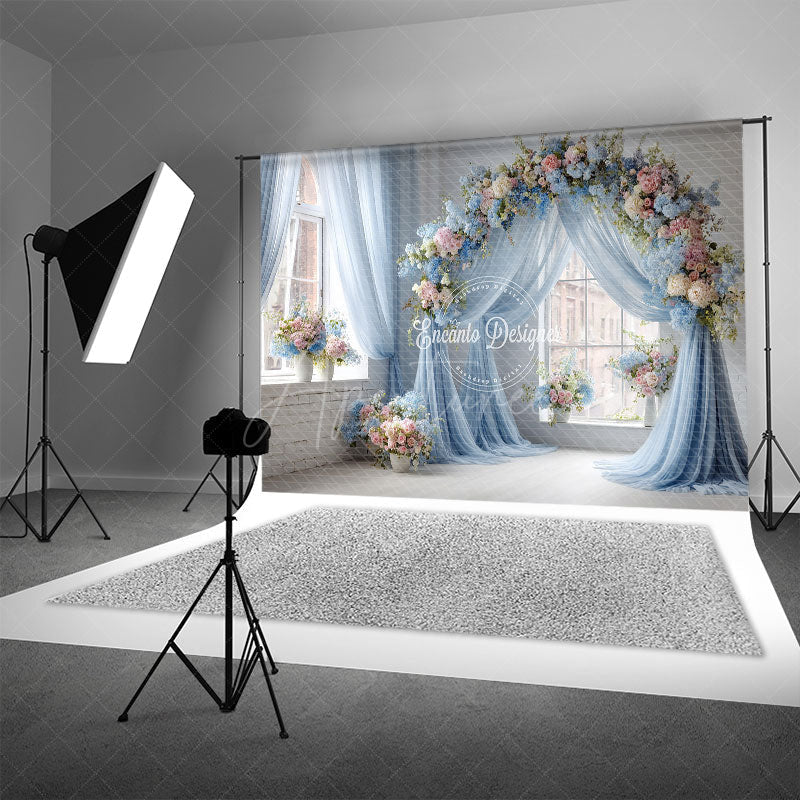Aperturee - Aperturee Blue Draped Wedding Arch Photography Backdrop Pink and White Floral Decor Romantic Indoor Ceremony Background