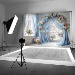 Aperturee - Aperturee Blue Draped Wedding Arch Photography Backdrop Pink and White Floral Decor Romantic Indoor Ceremony Background