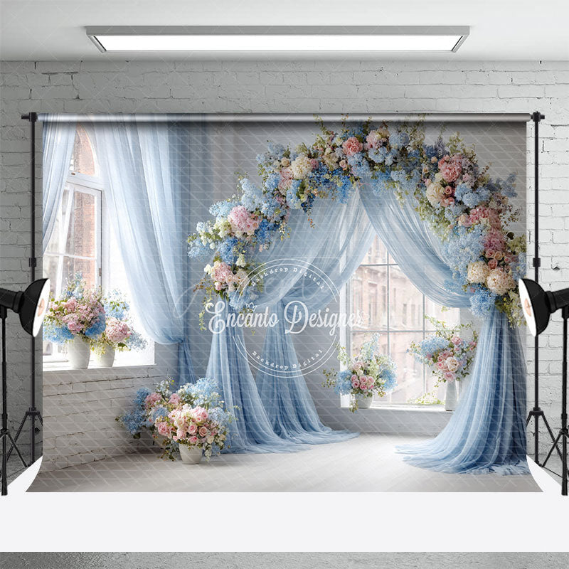 Aperturee - Aperturee Blue Draped Wedding Arch Photography Backdrop Pink and White Floral Decor Romantic Indoor Ceremony Background