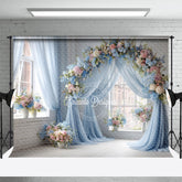 Aperturee - Aperturee Blue Draped Wedding Arch Photography Backdrop Pink and White Floral Decor Romantic Indoor Ceremony Background