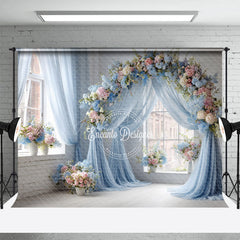 Aperturee - Aperturee Blue Draped Wedding Arch Photography Backdrop Pink and White Floral Decor Romantic Indoor Ceremony Background