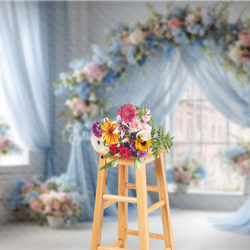Aperturee - Aperturee Blue Draped Wedding Arch Photography Backdrop Pink and White Floral Decor Romantic Indoor Ceremony Background