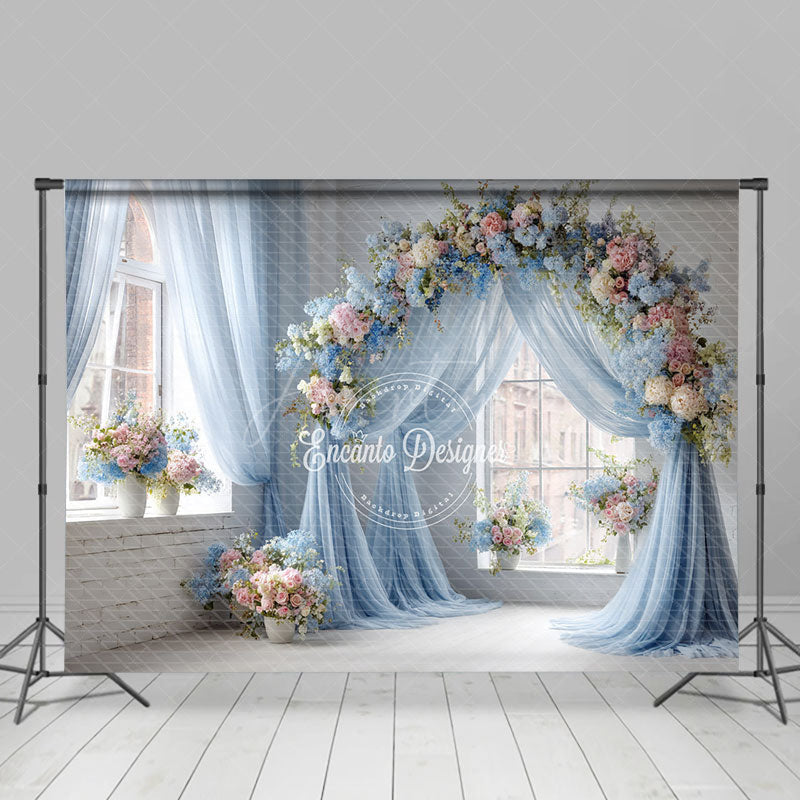 Aperturee - Aperturee Blue Draped Wedding Arch Photography Backdrop Pink and White Floral Decor Romantic Indoor Ceremony Background