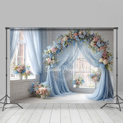 Aperturee - Aperturee Blue Draped Wedding Arch Photography Backdrop Pink and White Floral Decor Romantic Indoor Ceremony Background