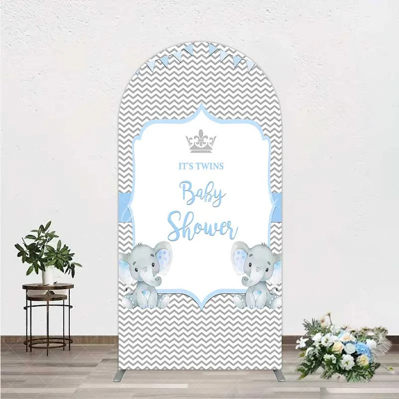 Aperturee - Aperturee Blue Elephant Twins Arch Backdrop Baby Shower Chevron Boy Photography Background