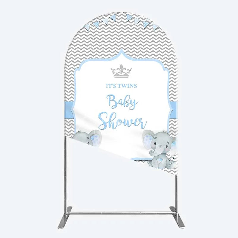 Aperturee - Aperturee Blue Elephant Twins Arch Backdrop Baby Shower Chevron Boy Photography Background