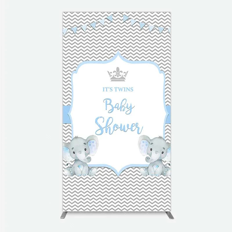 Aperturee - Aperturee Blue Elephant Twins Rectangle Backdrop Baby Shower Chevron Boy Photography Background