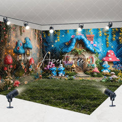 Aperturee - Aperturee Blue Elf Magical Mushroom House Room Set Backdrop