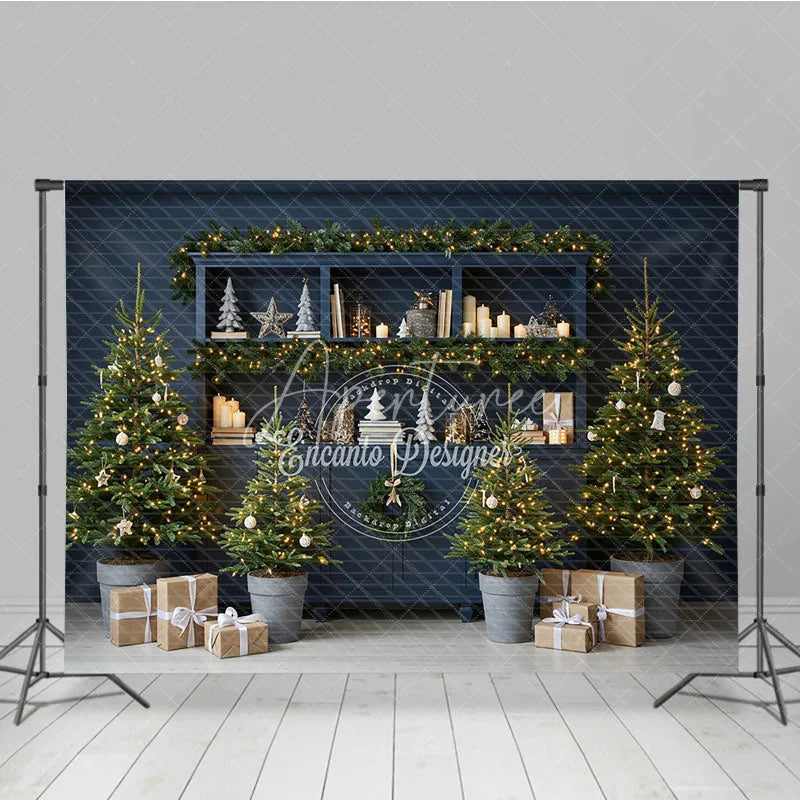 Aperturee - Aperturee Blue Farmhouse Hutch Christmas Photography Backdrop Neutral Holiday Decor with Trees Modern Rustic Background