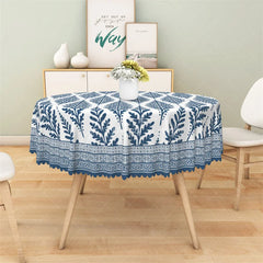 Aperturee - Aperturee Blue Fern Leaf Geometric Round Tablecloth Botanical Pattern Table Cover for Dining Room