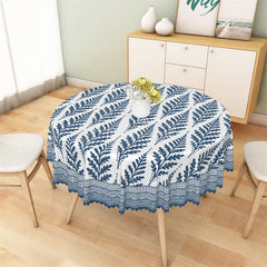 Aperturee - Aperturee Blue Fern Leaf Geometric Round Tablecloth Botanical Pattern Table Cover for Dining Room