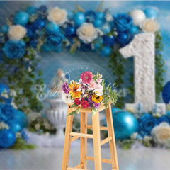Aperturee - Aperturee Blue Floral and Balloon First Birthday Photography Backdrop Elegant Royal Party Decor