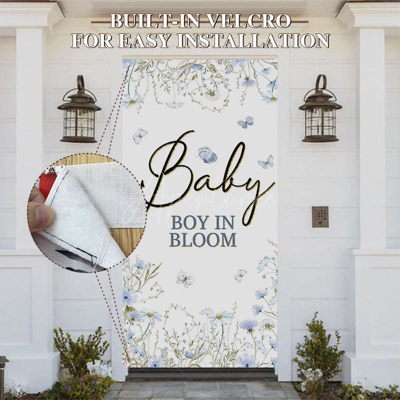 Aperturee - Aperturee Blue Floral Baby Boy In Bloom Gender Reveal Door Cover