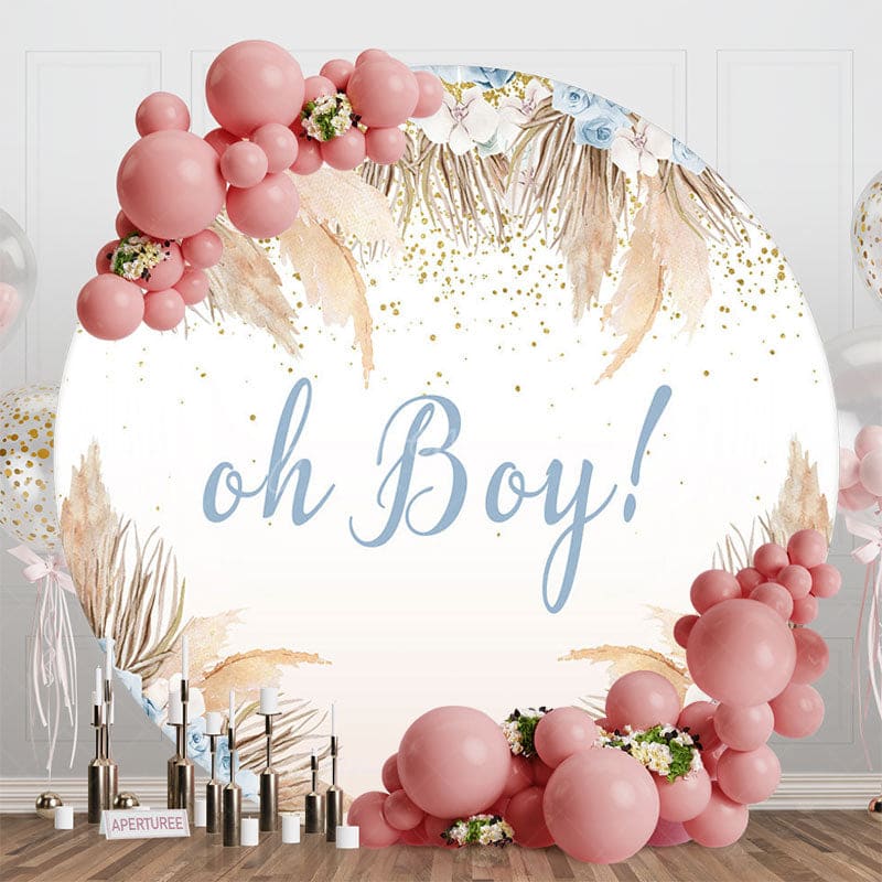 Aperturee - Aperturee Blue Floral Boho Oh Boy Round Baby Shower Backdrop
