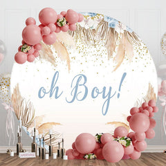 Aperturee - Aperturee Blue Floral Boho Oh Boy Round Baby Shower Backdrop