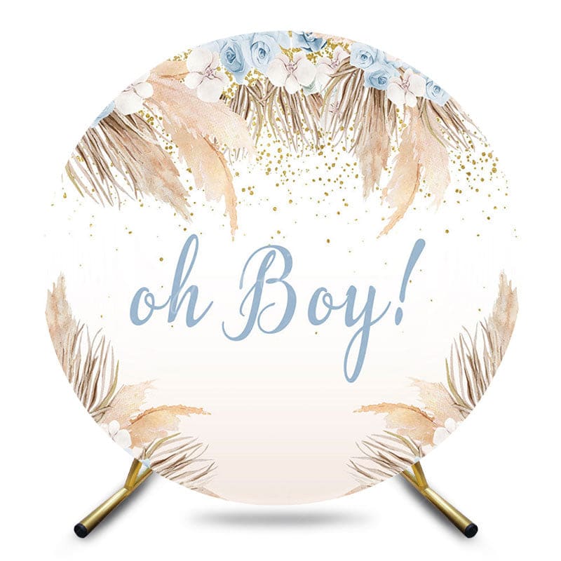 Aperturee - Aperturee Blue Floral Boho Oh Boy Round Baby Shower Backdrop
