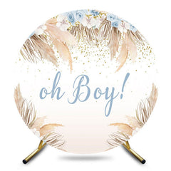 Aperturee - Aperturee Blue Floral Boho Oh Boy Round Baby Shower Backdrop
