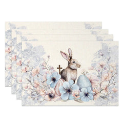 Aperturee - Aperturee Blue Floral Cross Easter Bunny Set of 4 Placemats Religious Rabbit Egg Table Mats for Holy Day