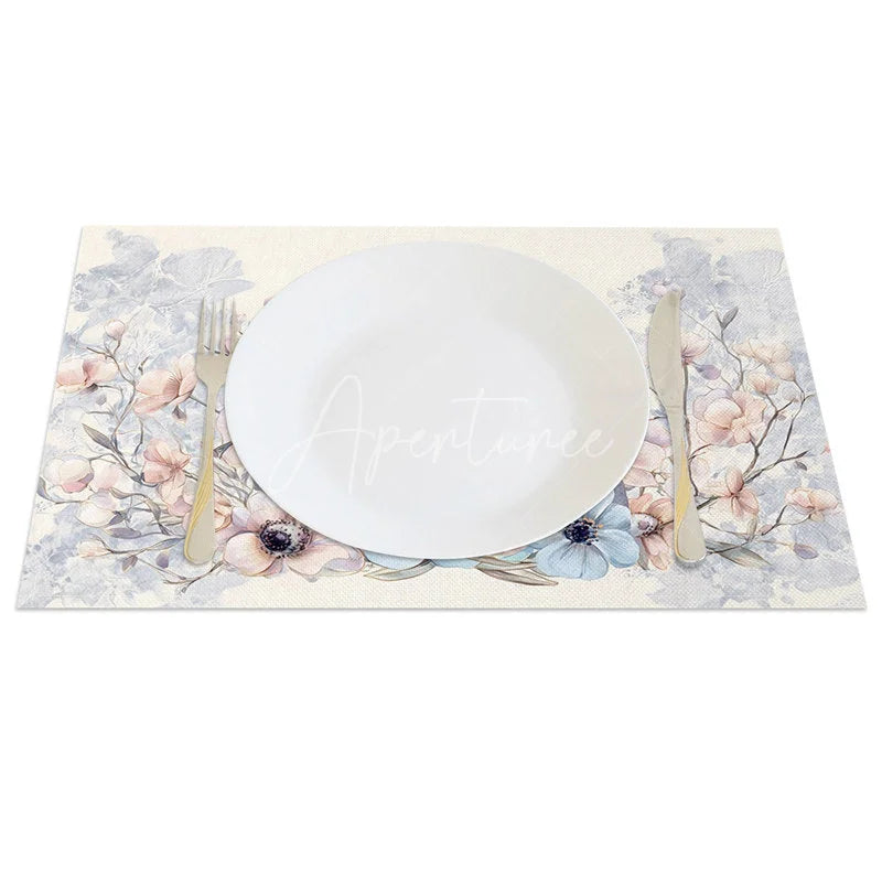 Aperturee - Aperturee Blue Floral Cross Easter Bunny Set of 4 Placemats Religious Rabbit Egg Table Mats for Holy Day