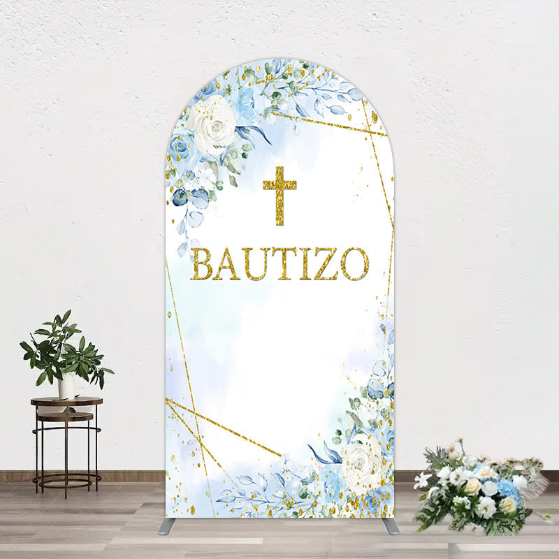 Aperturee - Aperturee Blue Floral Gold Cross Bautizo Baptism Arch Backdrop