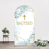Aperturee - Aperturee Blue Floral Gold Cross Bautizo Baptism Arch Backdrop
