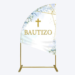 Aperturee - Aperturee Blue Floral Gold Cross Bautizo Baptism Half Moon Arch Backdrop