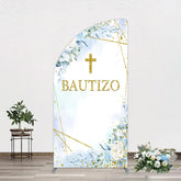 Aperturee - Aperturee Blue Floral Gold Cross Bautizo Baptism Half Moon Arch Backdrop