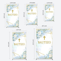 Aperturee - Aperturee Blue Floral Gold Cross Bautizo Baptism Rectangle Backdrop