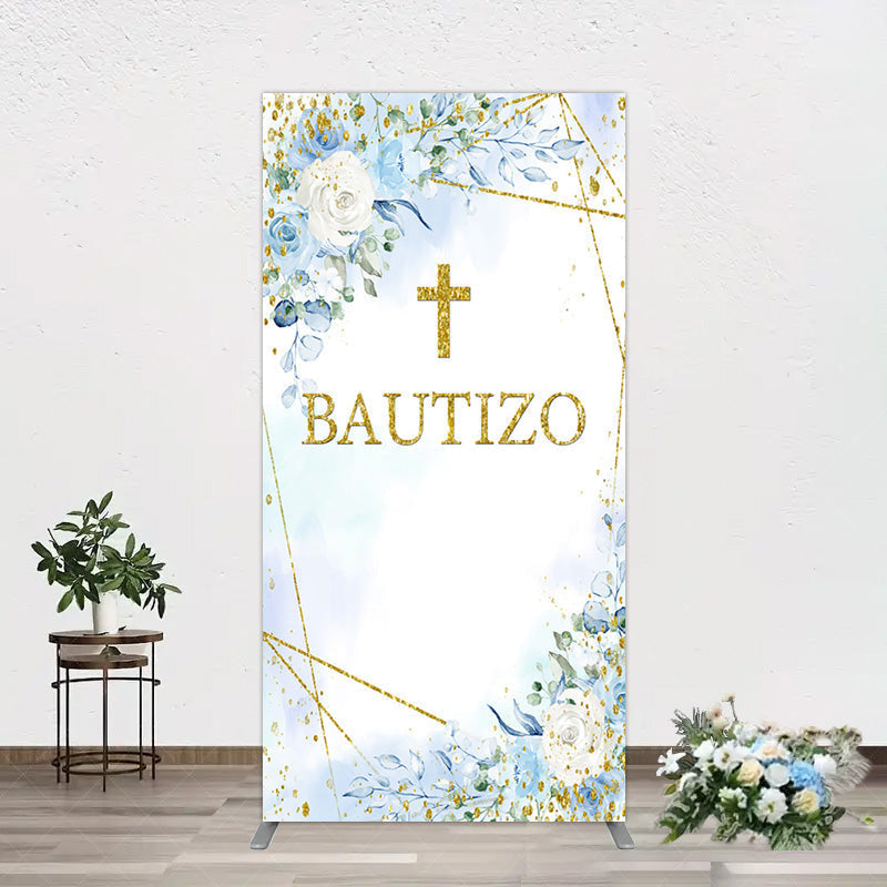 Aperturee - Aperturee Blue Floral Gold Cross Bautizo Baptism Rectangle Backdrop