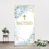 Aperturee - Aperturee Blue Floral Gold Cross Bautizo Baptism Rectangle Backdrop