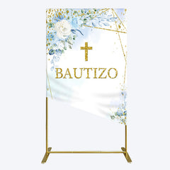 Aperturee - Aperturee Blue Floral Gold Cross Bautizo Baptism Rectangle Backdrop