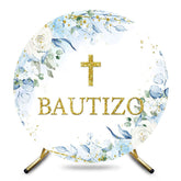 Aperturee - Aperturee Blue Floral Gold Cross Glitter Round Baptism Backdrop