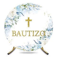 Aperturee - Aperturee Blue Floral Gold Cross Glitter Round Baptism Backdrop