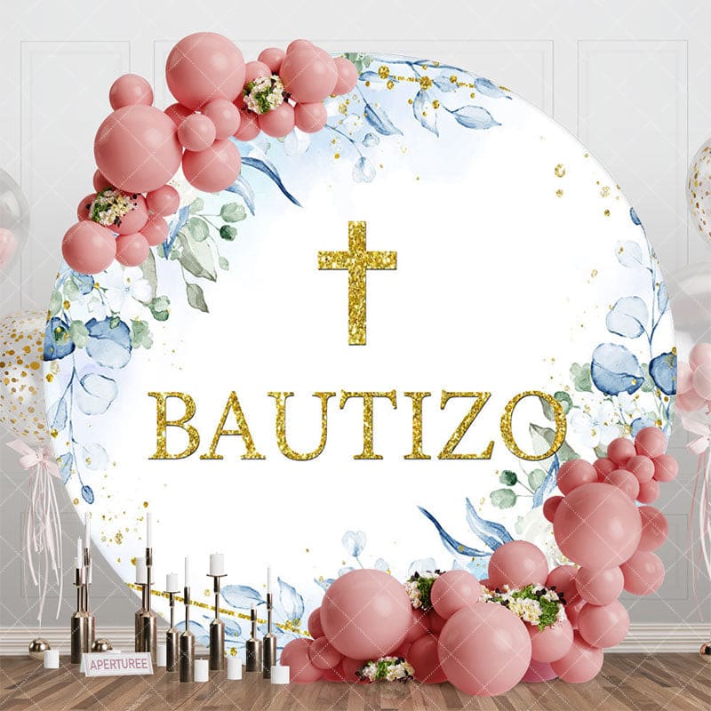 Aperturee - Aperturee Blue Floral Gold Cross Glitter Round Baptism Backdrop
