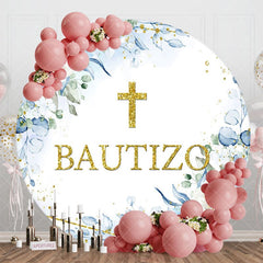 Aperturee - Aperturee Blue Floral Gold Cross Glitter Round Baptism Backdrop
