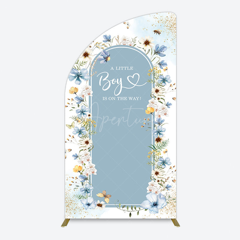 Aperturee - Aperturee Blue Floral Little Boy Baby Shower Half Moon Arch Backdrop