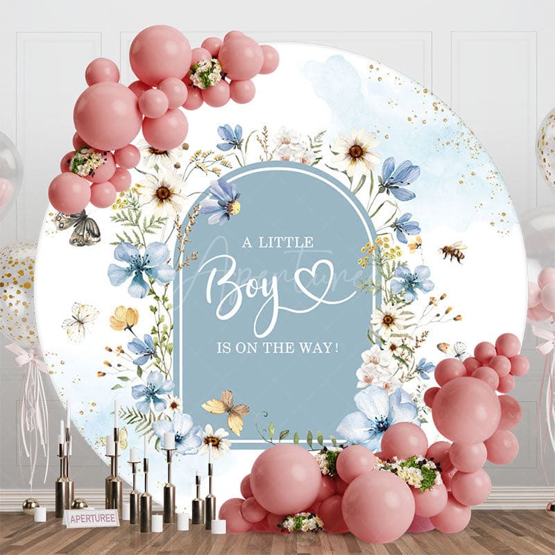 Aperturee - Aperturee Blue Floral Little Boy Round Gender Reveal Backdrop