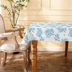 Aperturee - Aperturee Blue Floral Pattern Rectangle Tablecloth Elegant Line Art Flowers Wedding Bridal Shower Party Decor