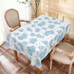 Aperturee - Aperturee Blue Floral Pattern Rectangle Tablecloth Elegant Line Art Flowers Wedding Bridal Shower Party Decor