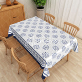 Aperturee - Aperturee Blue Floral Pattern White Rectangle Tablecloth